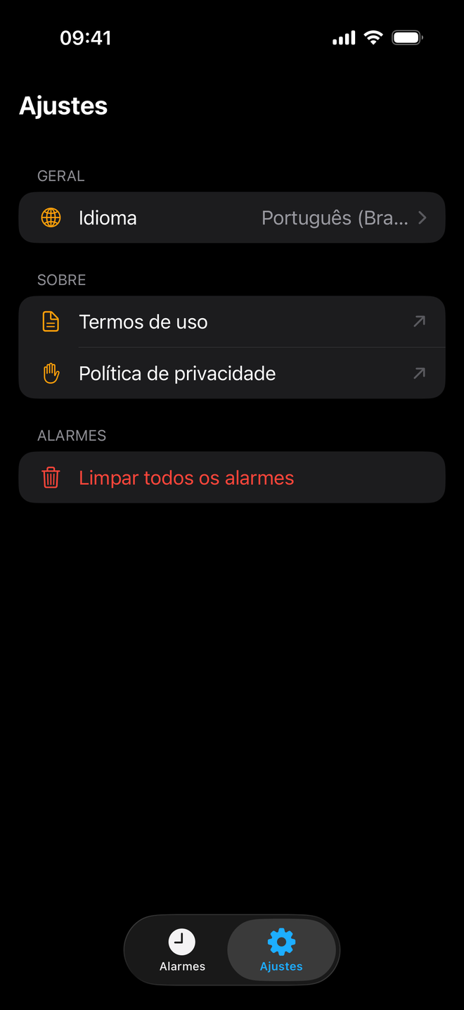 Tela de ajustes com idioma, termos de uso e política de privacidade