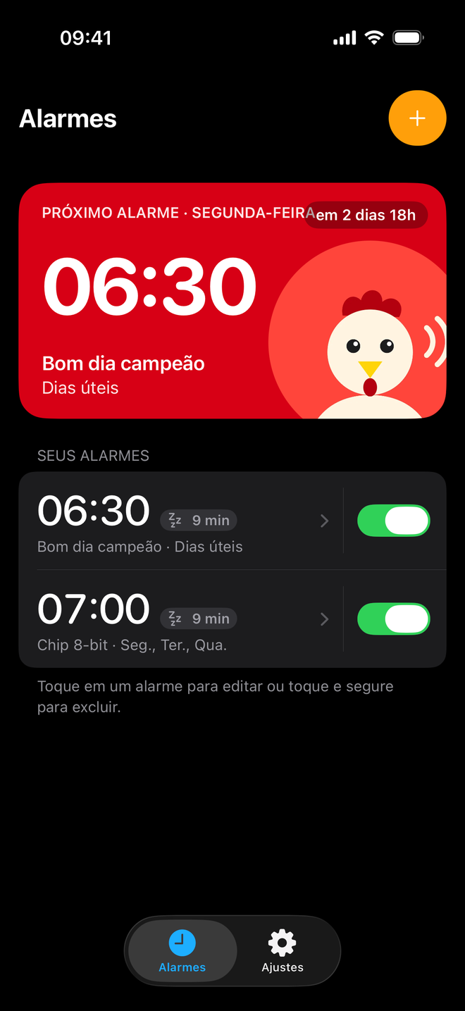 Tela inicial do Blarm com o card vermelho 'Próximo alarme' às 06:30 e a lista de alarmes