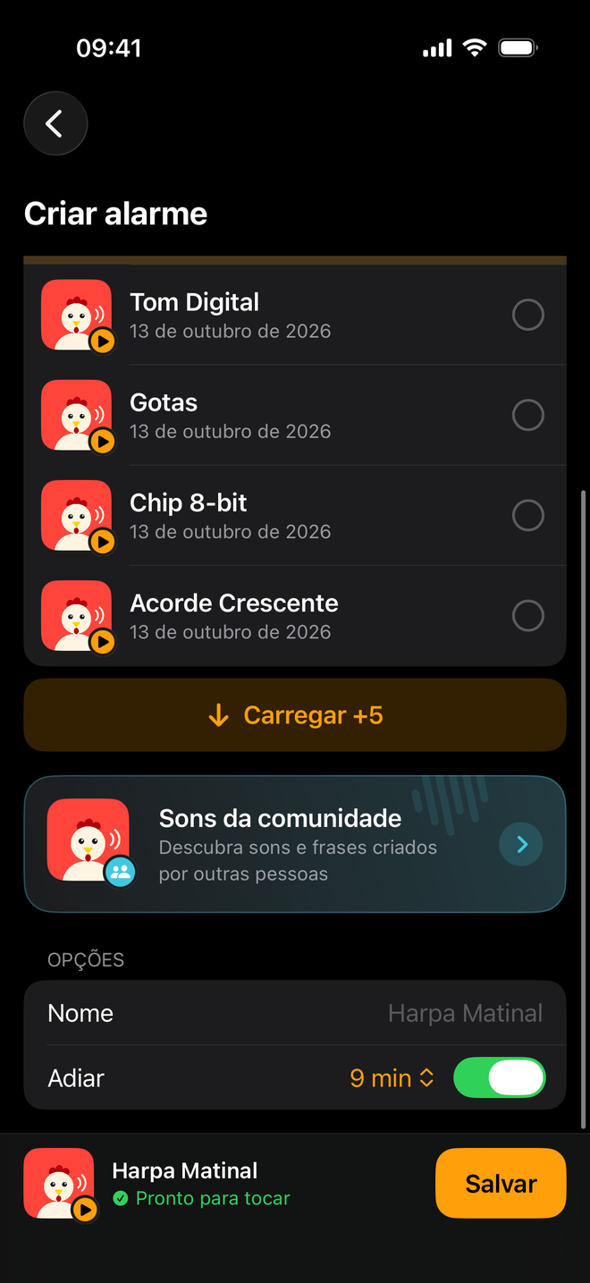 Lista de sons, atalho para os sons da comunidade e opções de nome e soneca